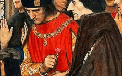 Erazm i Sir Tomasz More odwiedzają dzieci Henryka VII w Greenwich w 1499 (1910 r.) / Frank Cadogan Cowper / explore-parliament.net