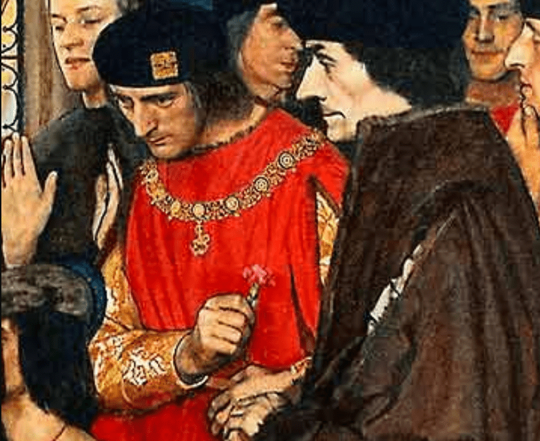 Erazm i Sir Tomasz More odwiedzają dzieci Henryka VII w Greenwich w 1499 (1910 r.) / Frank Cadogan Cowper / explore-parliament.net