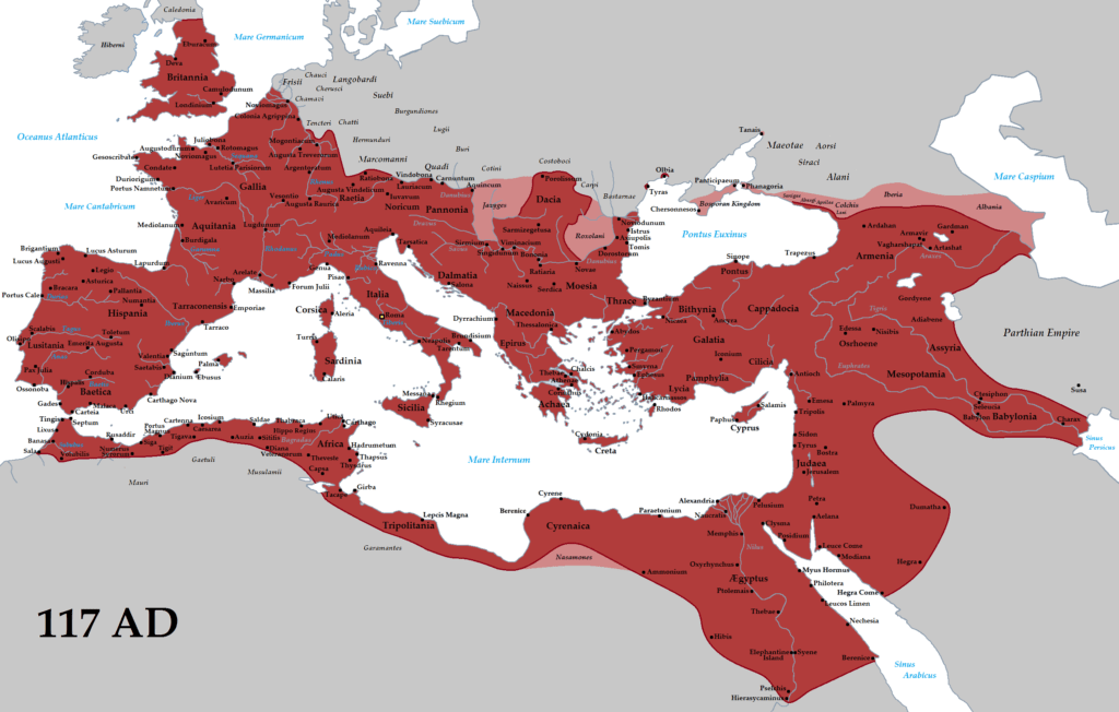 mapa Imperium Rzymskiego w II w. (na różowo zaznaczono terytoria podległe) (CC BY-SA 3.0) / tekst: 1 pieczęć Apokalipsy