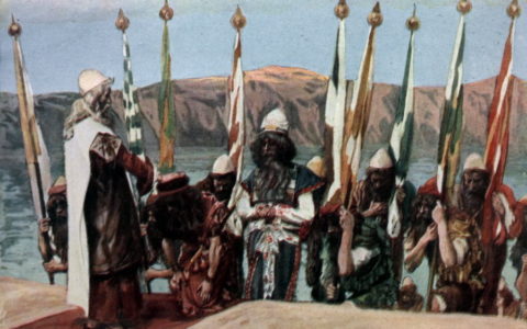 Mojżesz błogosławi Jozuego przed arcykapłanem (akwarela około 1896-1902 autorstwa Jamesa Tissota) / wolna domena / Liczb 27:22