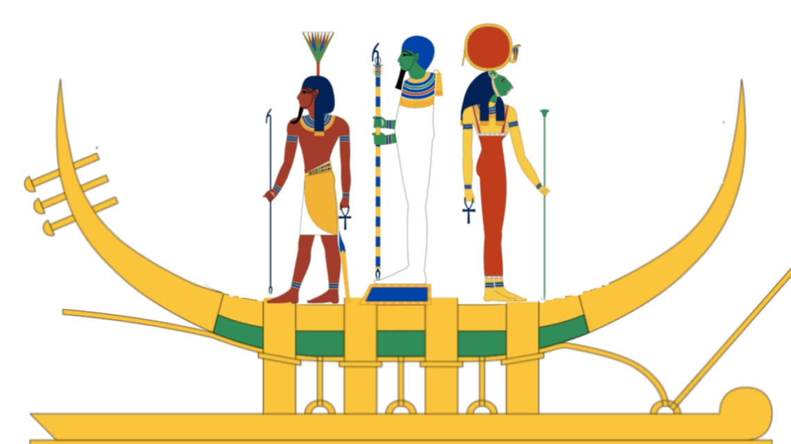 Memfijska triada na barce słonecznej, w jej skład wchodzą Ptah, Sechmet i Nefertem (CC BY-SA 4.0) / artykuł: Egipski opis stworzenia