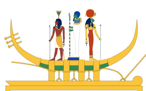 Memfijska triada na barce słonecznej, w jej skład wchodzą Ptah, Sechmet i Nefertem (CC BY-SA 4.0) / artykuł: Egipski opis stworzenia