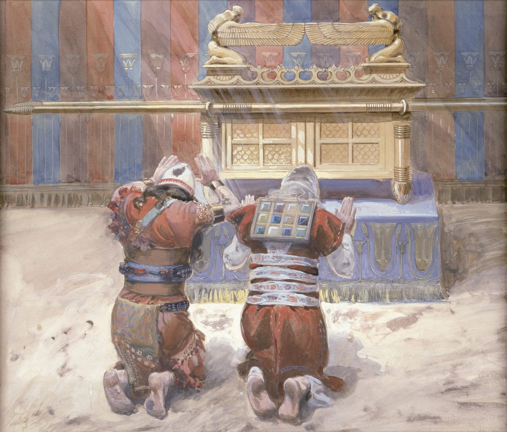 artykuł: Gdzie jest Arka Przymierza / Mojżesz i Jozue kłaniający się przed Arką (ok. 1900) – James Tissot / wolna domena