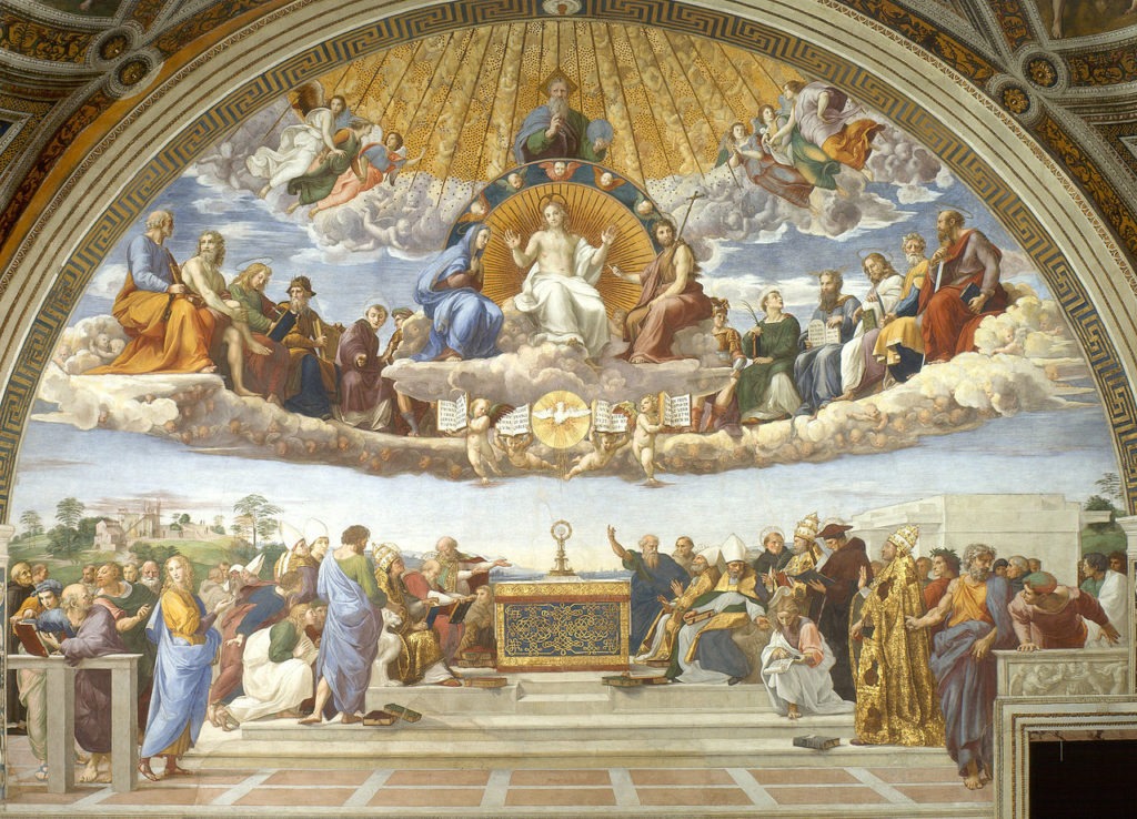 Dysputa o Najświętszym Sakramencie (Rafael Santi 1509–1510) przedstawia teologów debatujących nad transubstancjacją, w tym czterech Doktorów Kościoła, z papieżem Grzegorzem I i Hieronimem siedzącymi po lewej stronie ołtarza oraz Augustynem i Ambrożym po prawej stronie, papieżem Juliuszem II, papieżem Sykstusem IV, Savonarolą i Dante Alighierim.
